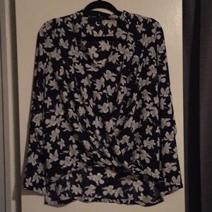 Black, navy, and cream floral blouse.